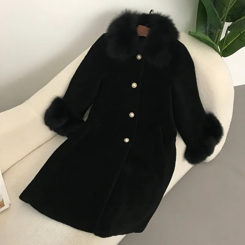 Trendix Elegant Faux Fur Collar Coat Women Winter Slim Patchwork Pocket Warm Trench Street Casual Long Faux Fox Fur Outerwear