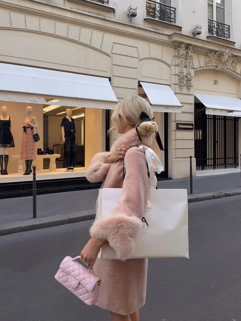 Trendix Elegant Faux Fur Collar Coat Women Winter Slim Patchwork Pocket Warm Trench Street Casual Long Faux Fox Fur Outerwear