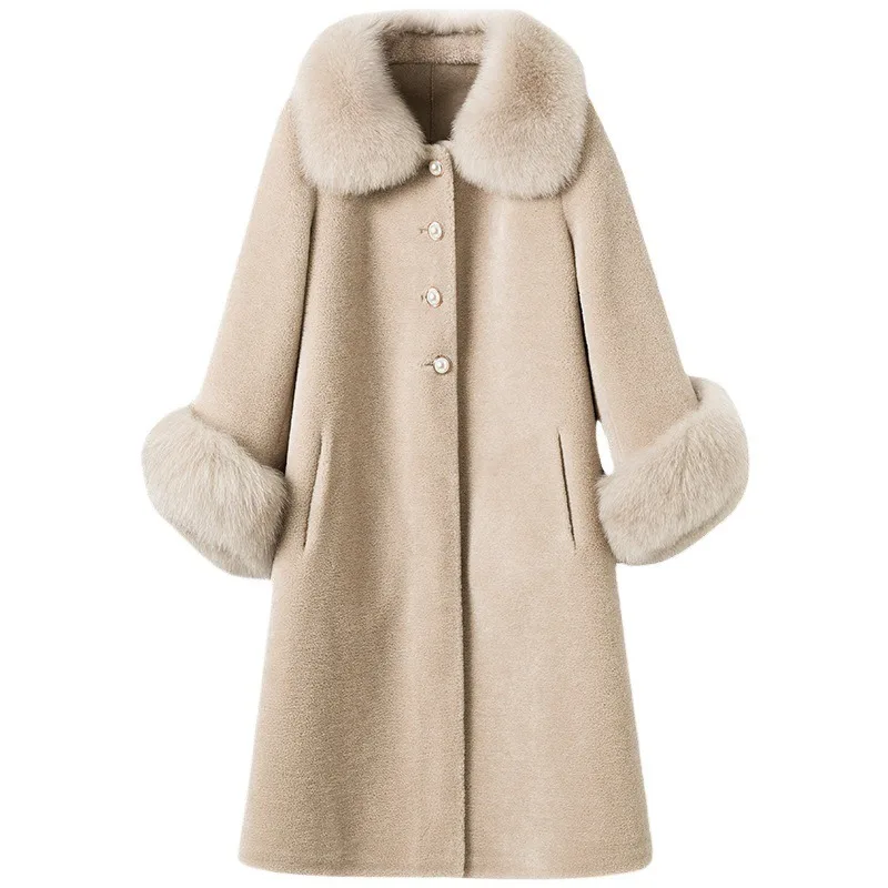 Trendix Elegant Faux Fur Collar Coat Women Winter Slim Patchwork Pocket Warm Trench Street Casual Long Faux Fox Fur Outerwear