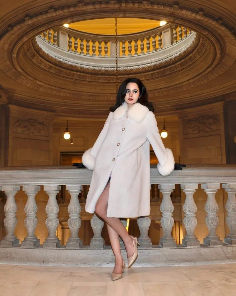 Trendix Elegant Faux Fur Collar Coat Women Winter Slim Patchwork Pocket Warm Trench Street Casual Long Faux Fox Fur Outerwear