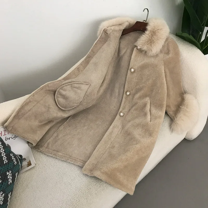 Trendix Elegant Faux Fur Collar Coat Women Winter Slim Patchwork Pocket Warm Trench Street Casual Long Faux Fox Fur Outerwear