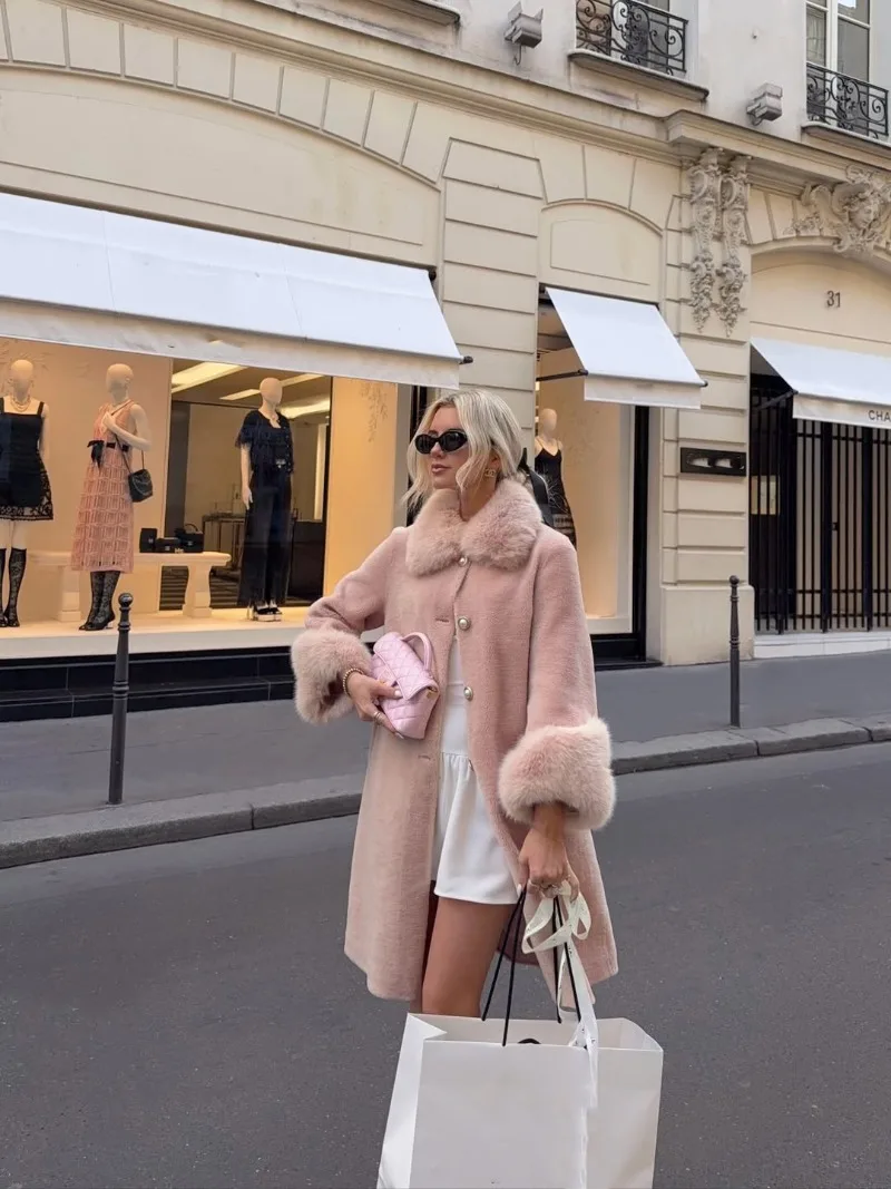 Trendix Elegant Faux Fur Collar Coat Women Winter Slim Patchwork Pocket Warm Trench Street Casual Long Faux Fox Fur Outerwear