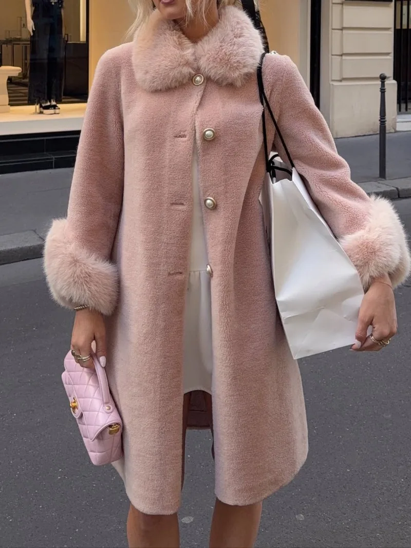 Trendix Elegant Faux Fur Collar Coat Women Winter Slim Patchwork Pocket Warm Trench Street Casual Long Faux Fox Fur Outerwear