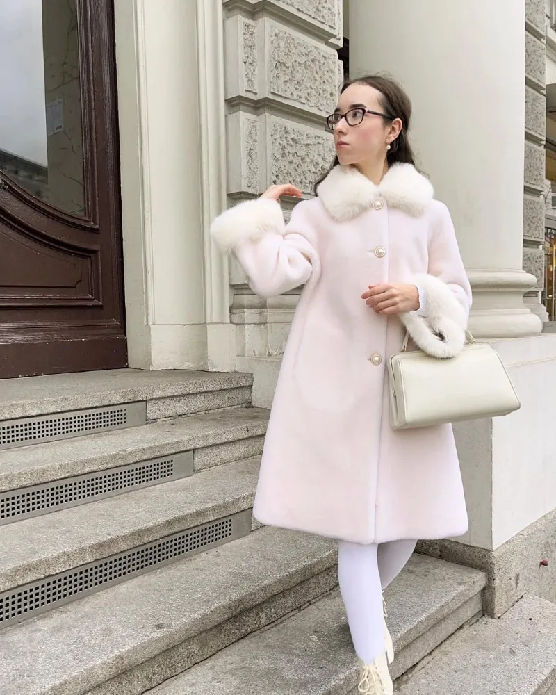 Trendix Elegant Faux Fur Collar Coat Women Winter Slim Patchwork Pocket Warm Trench Street Casual Long Faux Fox Fur Outerwear