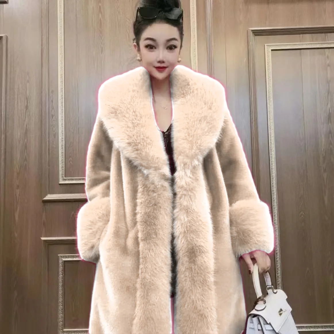 Faux Fur Coats Women Long Coat Thick Warm Turn Down Collar Elegant Maxi Open Stitch Spring Outerwear Autumn Winter Jackets