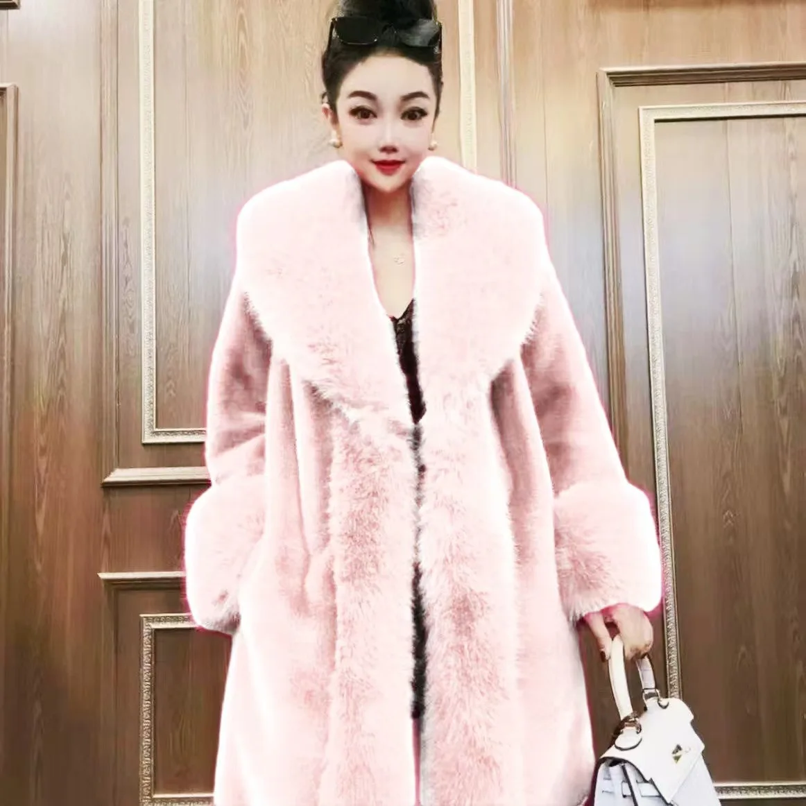 Faux Fur Coats Women Long Coat Thick Warm Turn Down Collar Elegant Maxi Open Stitch Spring Outerwear Autumn Winter Jackets