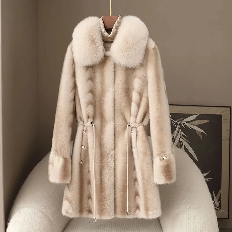 Faux Fur Coat for Women,Covered Button Jacket,Adjustable Waist,High Quality,Turn-down Collar Overcoat,Female Clothes,New,Winter