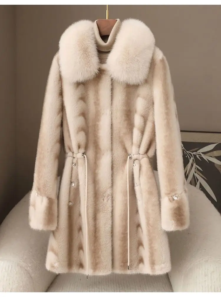 Faux Fur Coat for Women,Covered Button Jacket,Adjustable Waist,High Quality,Turn-down Collar Overcoat,Female Clothes,New,Winter