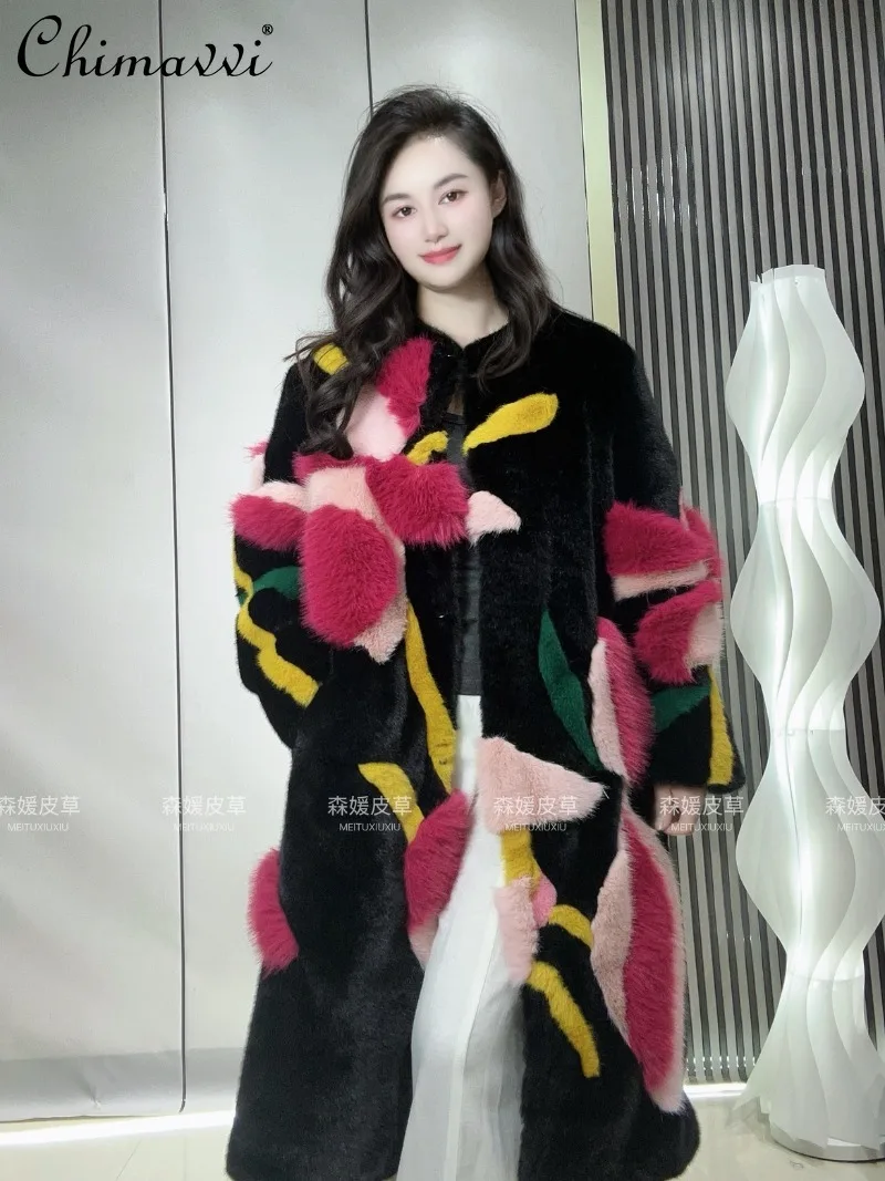 Women's Winter New Heavy Fashion Thickened Warm Light Luxury Round Neck Colorful 3D Patchwork Long Fur Elegant Women's Fur Coat