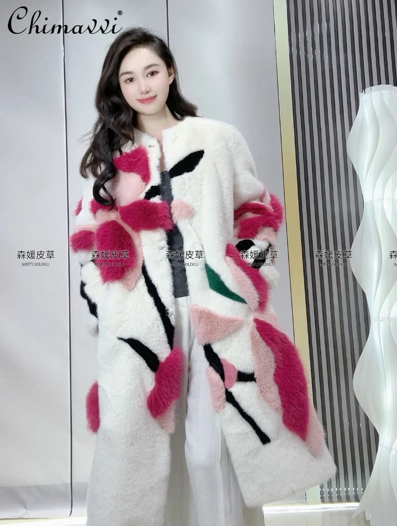 Women's Winter New Heavy Fashion Thickened Warm Light Luxury Round Neck Colorful 3D Patchwork Long Fur Elegant Women's Fur Coat