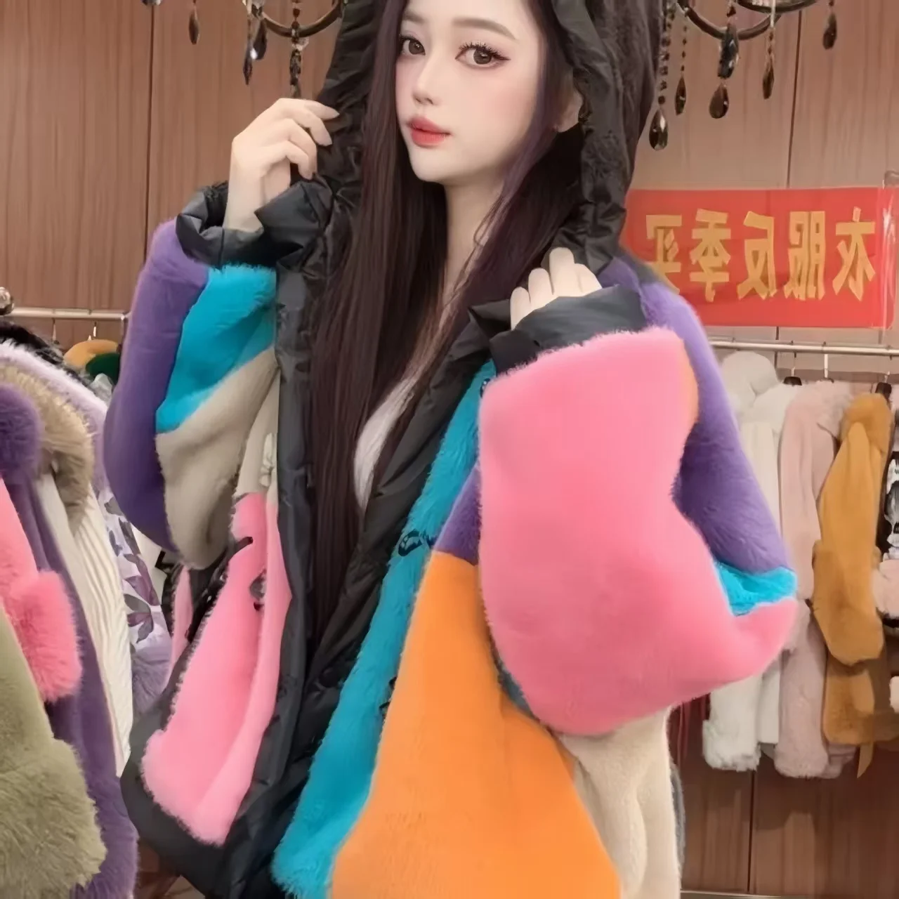 Faux Fur Coat for Women,Covered Button Jacket,Hooded Outwear,Luxury,Spliced,Autumn and Winter,2025