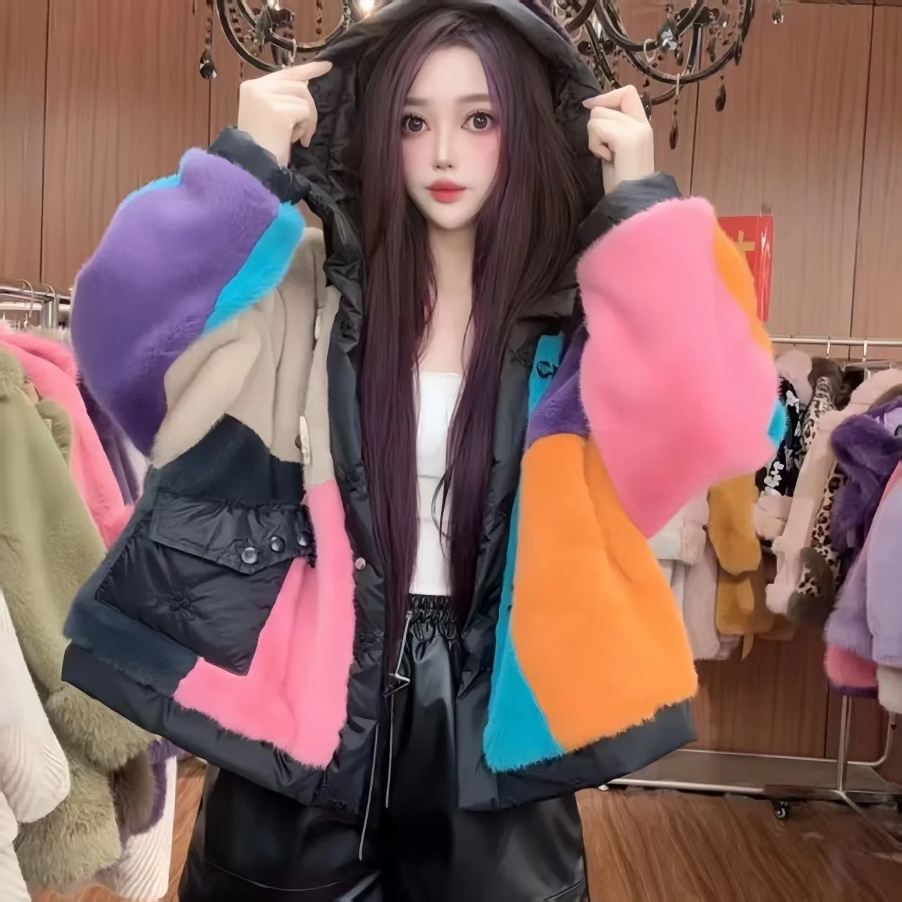 Faux Fur Coat for Women,Covered Button Jacket,Hooded Outwear,Luxury,Spliced,Autumn and Winter,2025