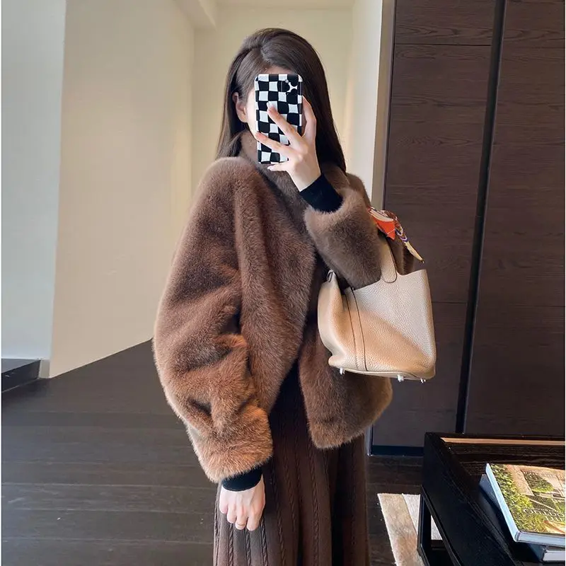 2024 Winter Faux Mink Fur Coat Women Short Stand Collar Warm Thick Eco Friendly Fur Jacket Plus Size Outerwear Trendy
