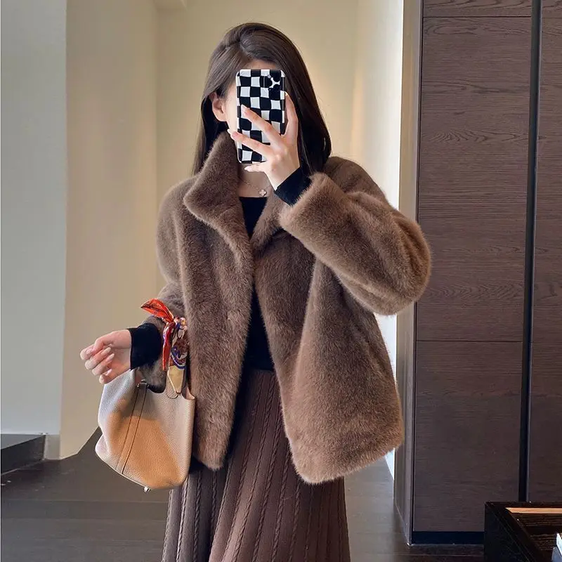 2024 Winter Faux Mink Fur Coat Women Short Stand Collar Warm Thick Eco Friendly Fur Jacket Plus Size Outerwear Trendy