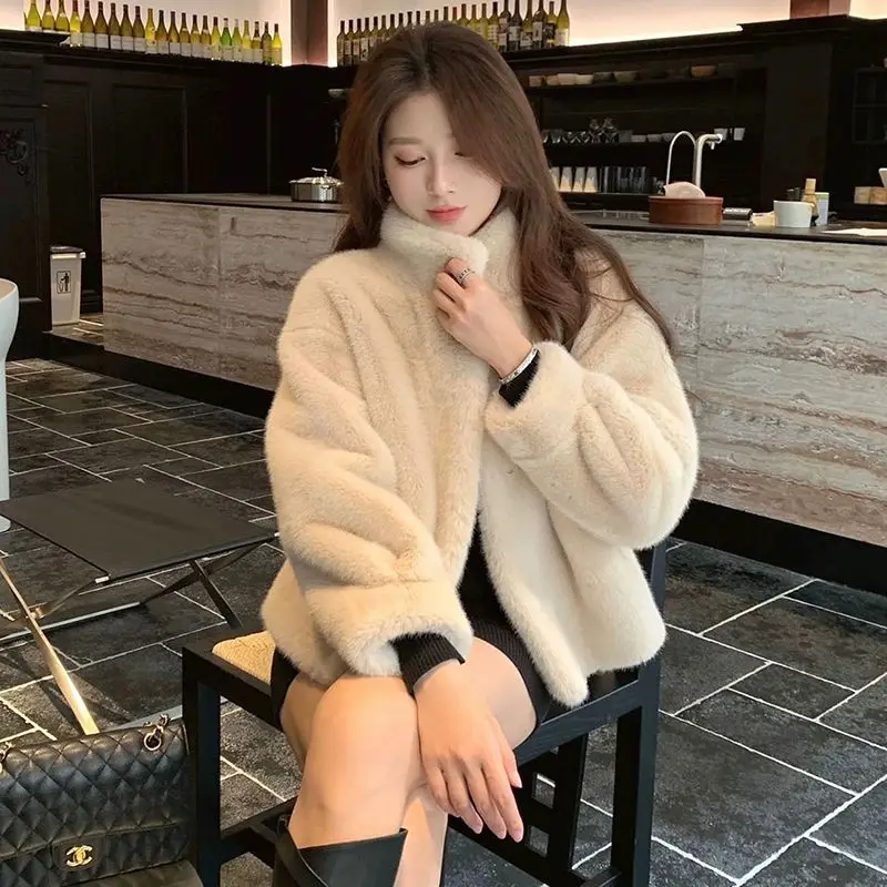 2024 Winter Faux Mink Fur Coat Women Short Stand Collar Warm Thick Eco Friendly Fur Jacket Plus Size Outerwear Trendy