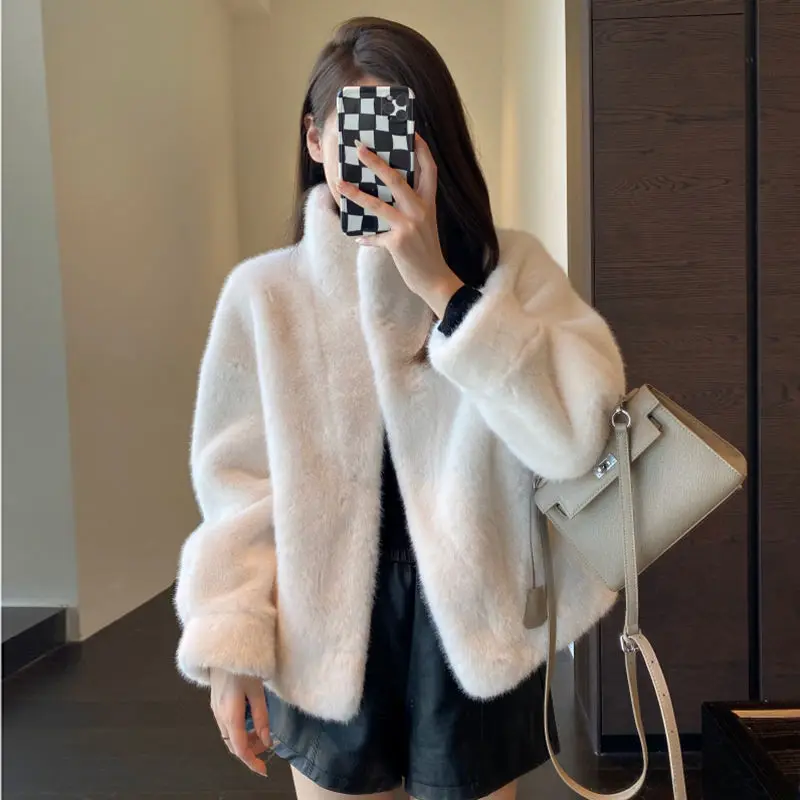 2024 Winter Faux Mink Fur Coat Women Short Stand Collar Warm Thick Eco Friendly Fur Jacket Plus Size Outerwear Trendy