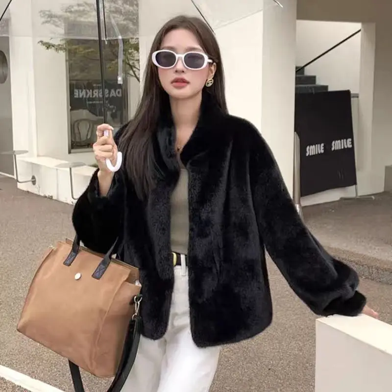 2024 Winter Faux Mink Fur Coat Women Short Stand Collar Warm Thick Eco Friendly Fur Jacket Plus Size Outerwear Trendy