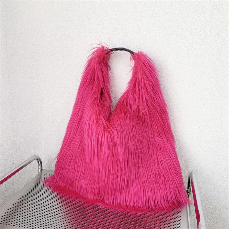 00s Cool Y2k Street Girls Hot Fluffy Furry Shoulder Bag Women Luxury Brand Fashion Faux Fur Hobos Big Tote Bag Harajuku Handbags