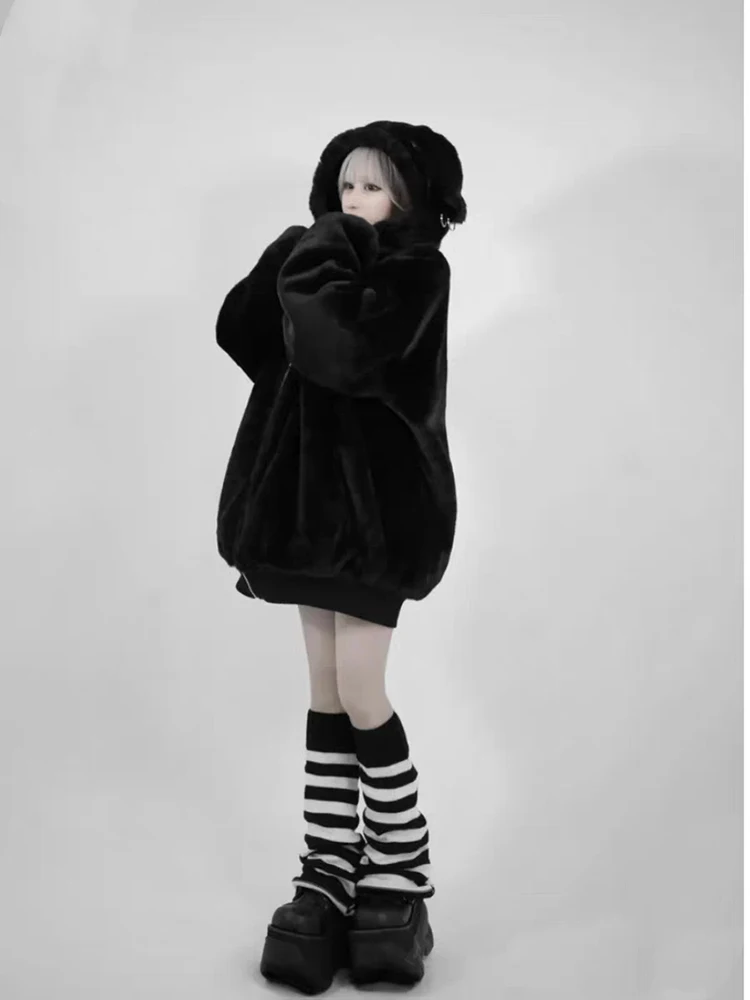 Mauroicardi Winter Cool Oversized Warm Thick Soft Faux Fur Coat Hoodie Women with Bear Ears Punk Style Fluffy Jacket Streetwear