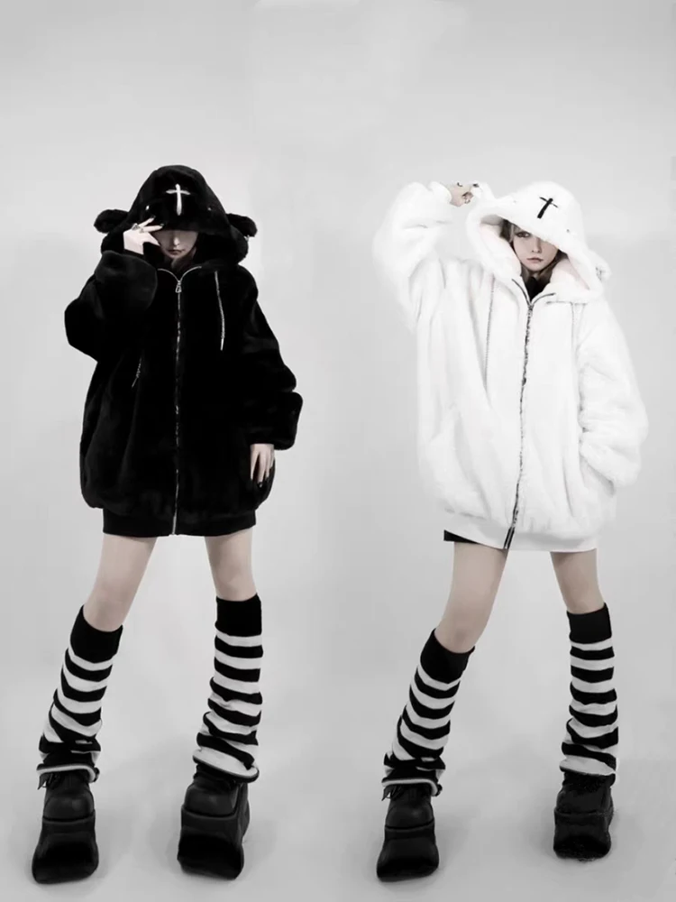 Mauroicardi Winter Cool Oversized Warm Thick Soft Faux Fur Coat Hoodie Women with Bear Ears Punk Style Fluffy Jacket Streetwear