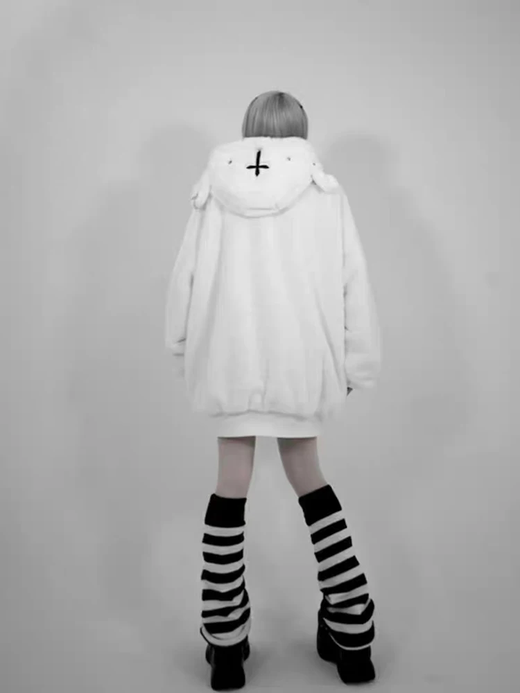 Mauroicardi Winter Cool Oversized Warm Thick Soft Faux Fur Coat Hoodie Women with Bear Ears Punk Style Fluffy Jacket Streetwear