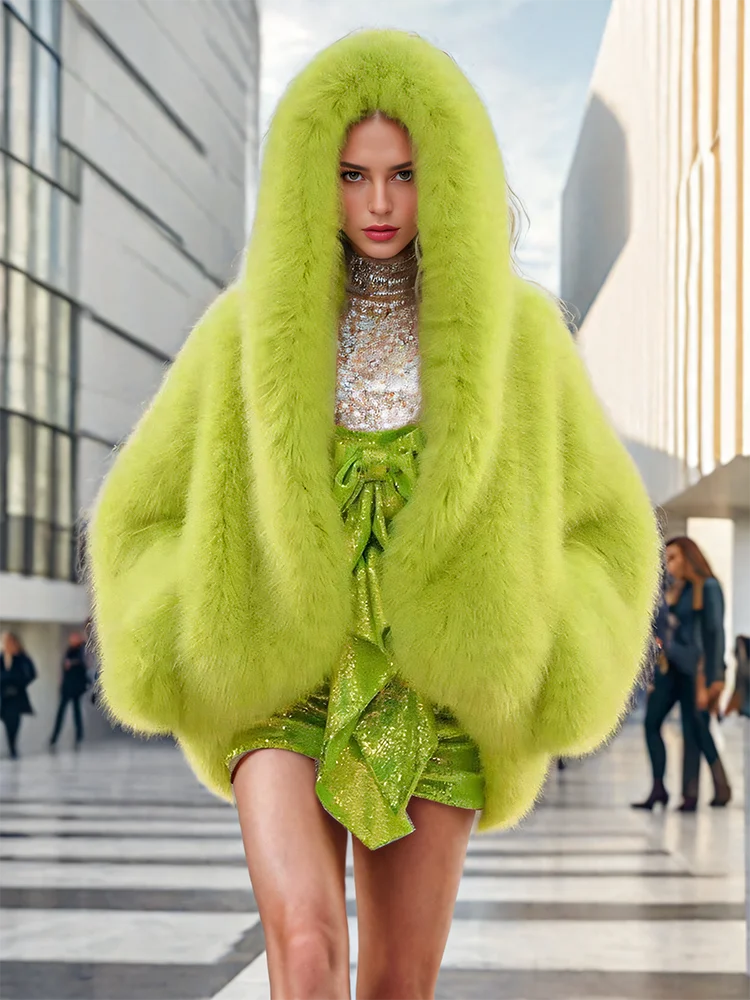 DEAT Fashion Faux Fur Coat Women's Hooded Long Sleeve Green Black Loose Plush Imitation Fox Fur Jacket Winter 2024 New 7AB6469