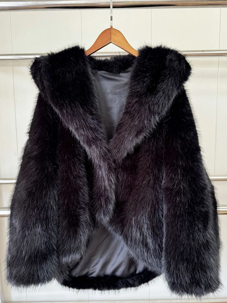 DEAT Fashion Faux Fur Coat Women's Hooded Long Sleeve Green Black Loose Plush Imitation Fox Fur Jacket Winter 2024 New 7AB6469