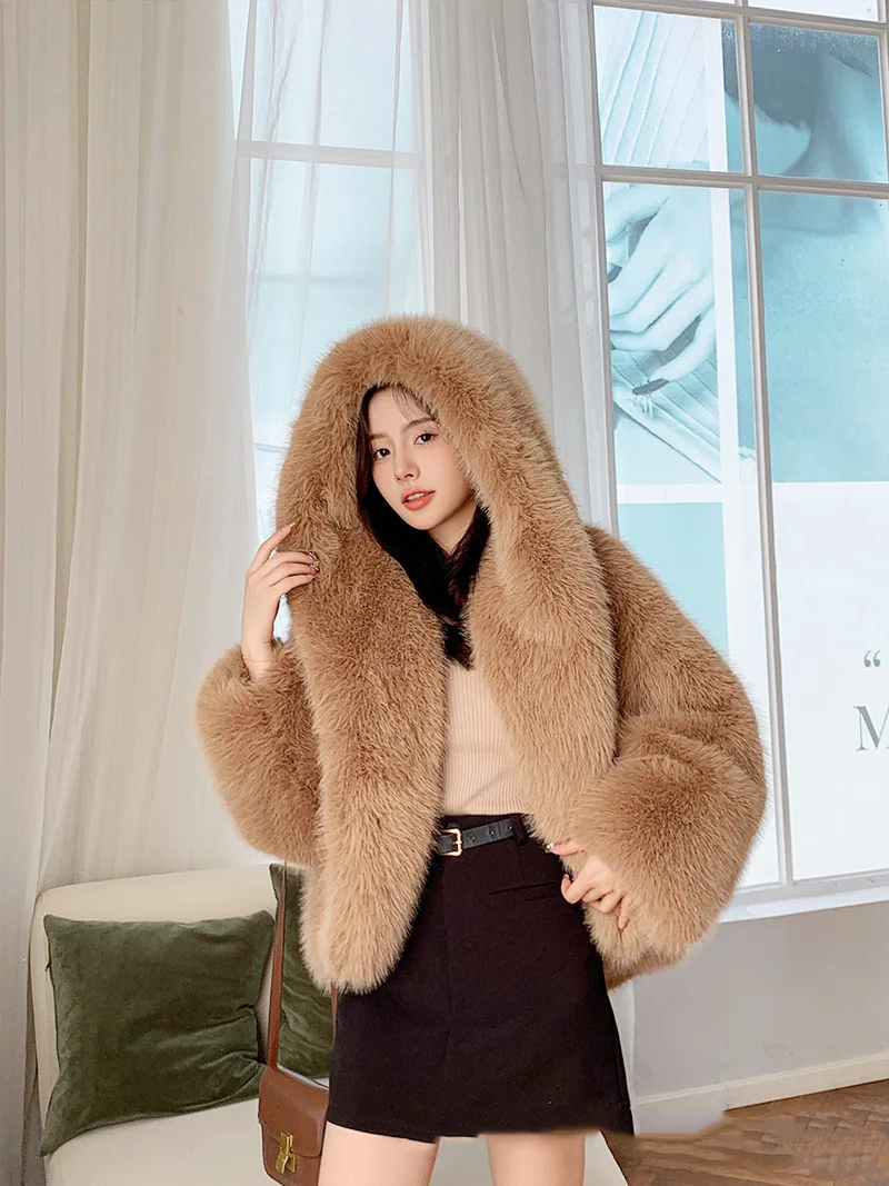 DEAT Fashion Faux Fur Coat Women's Hooded Long Sleeve Green Black Loose Plush Imitation Fox Fur Jacket Winter 2024 New 7AB6469