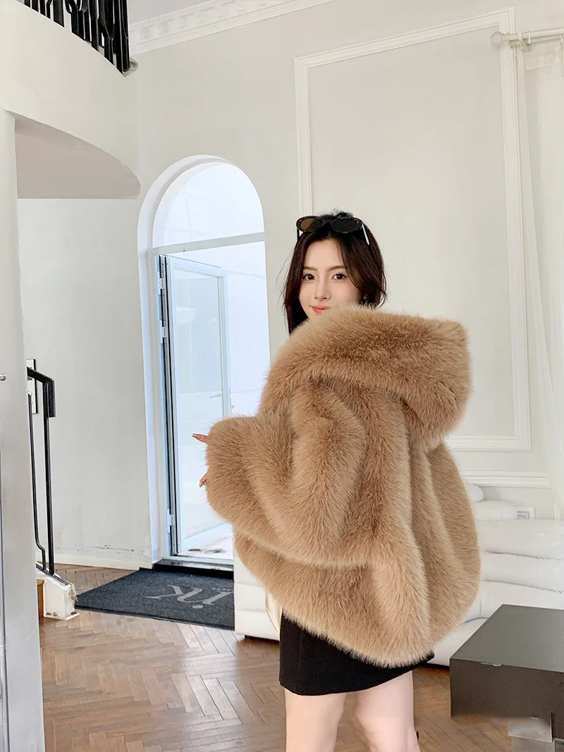 DEAT Fashion Faux Fur Coat Women's Hooded Long Sleeve Green Black Loose Plush Imitation Fox Fur Jacket Winter 2024 New 7AB6469