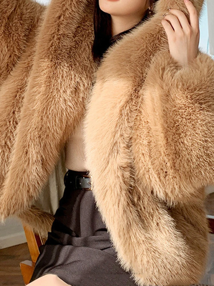 DEAT Fashion Faux Fur Coat Women's Hooded Long Sleeve Green Black Loose Plush Imitation Fox Fur Jacket Winter 2024 New 7AB6469