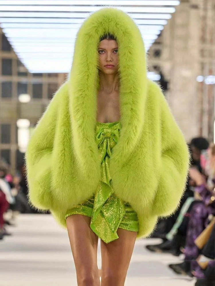 DEAT Fashion Faux Fur Coat Women's Hooded Long Sleeve Green Black Loose Plush Imitation Fox Fur Jacket Winter 2024 New 7AB6469