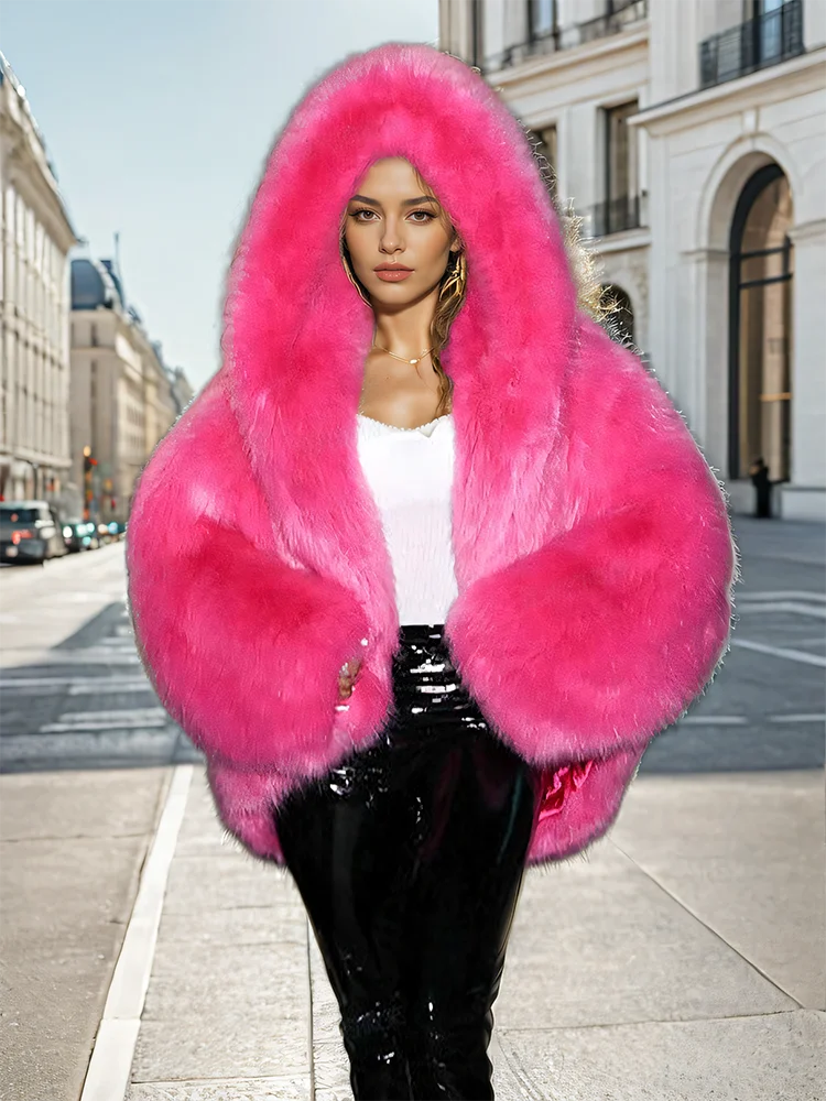 DEAT Fashion Faux Fur Coat Women's Hooded Long Sleeve Green Black Loose Plush Imitation Fox Fur Jacket Winter 2024 New 7AB6469