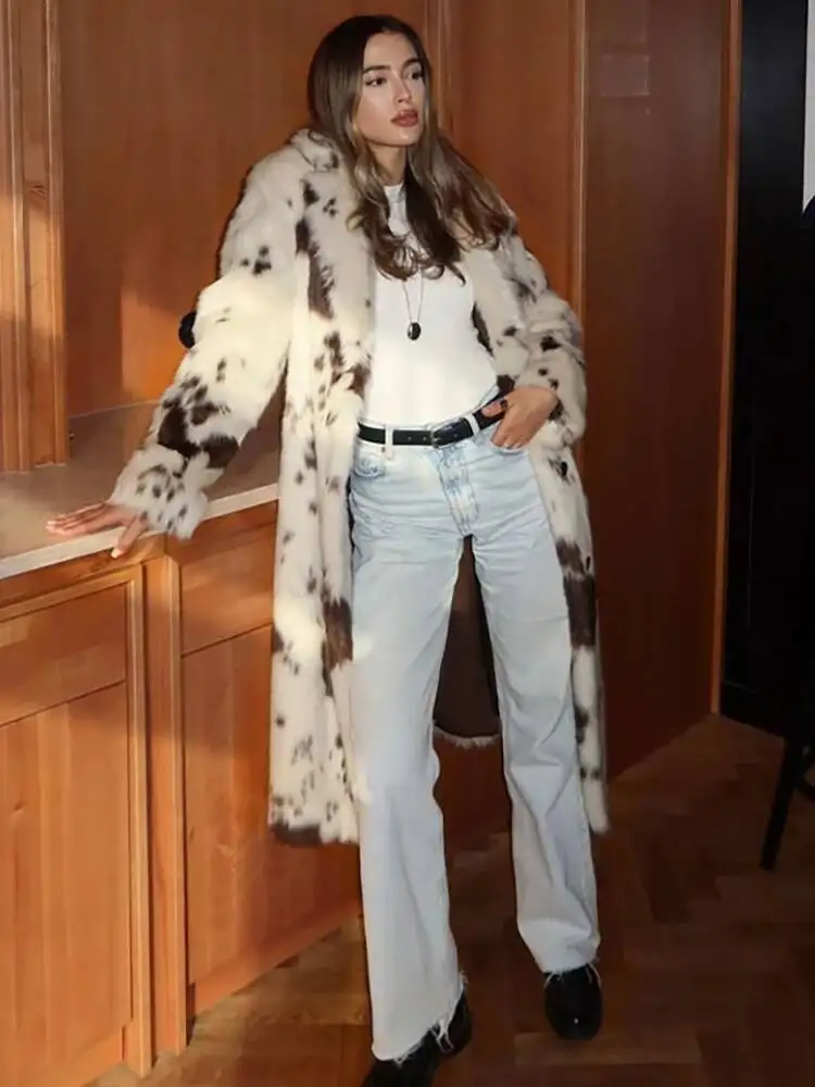 DEAT Fashion Tie Dye Faux Fur Coat Women's Lapel Loose Long Sleeves Plush Thick Overcoat Winter New 7A1355
