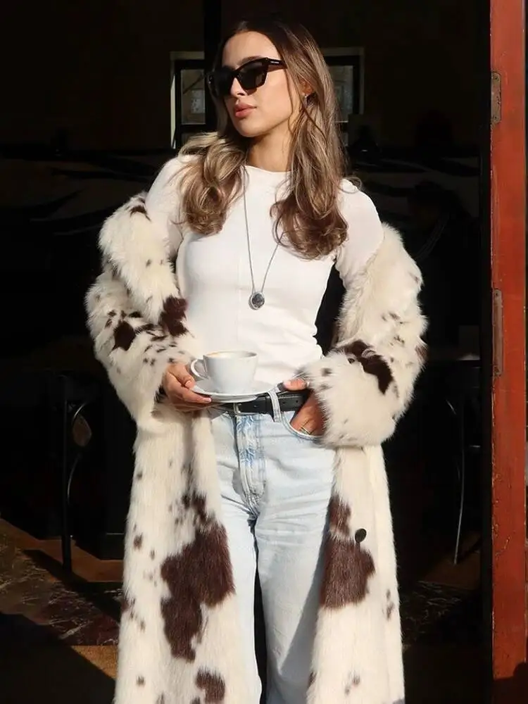 DEAT Fashion Tie Dye Faux Fur Coat Women's Lapel Loose Long Sleeves Plush Thick Overcoat Winter New 7A1355