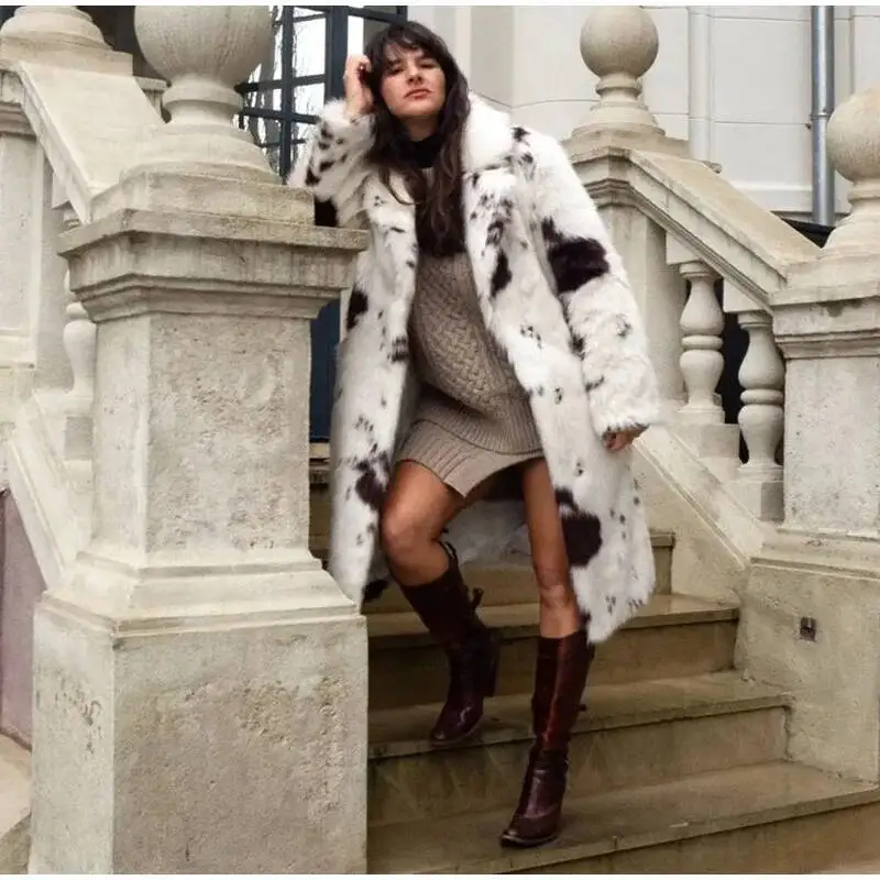 DEAT Fashion Tie Dye Faux Fur Coat Women's Lapel Loose Long Sleeves Plush Thick Overcoat Winter New 7A1355