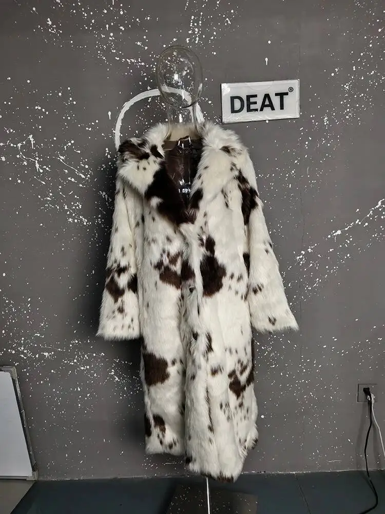 DEAT Fashion Tie Dye Faux Fur Coat Women's Lapel Loose Long Sleeves Plush Thick Overcoat Winter New 7A1355