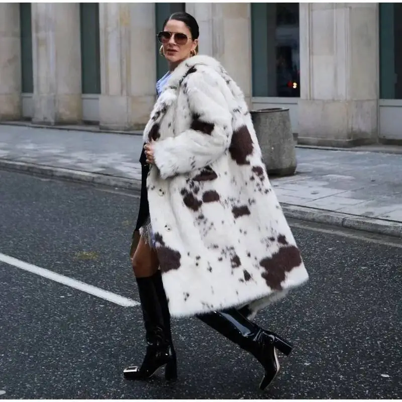 DEAT Fashion Tie Dye Faux Fur Coat Women's Lapel Loose Long Sleeves Plush Thick Overcoat Winter New 7A1355