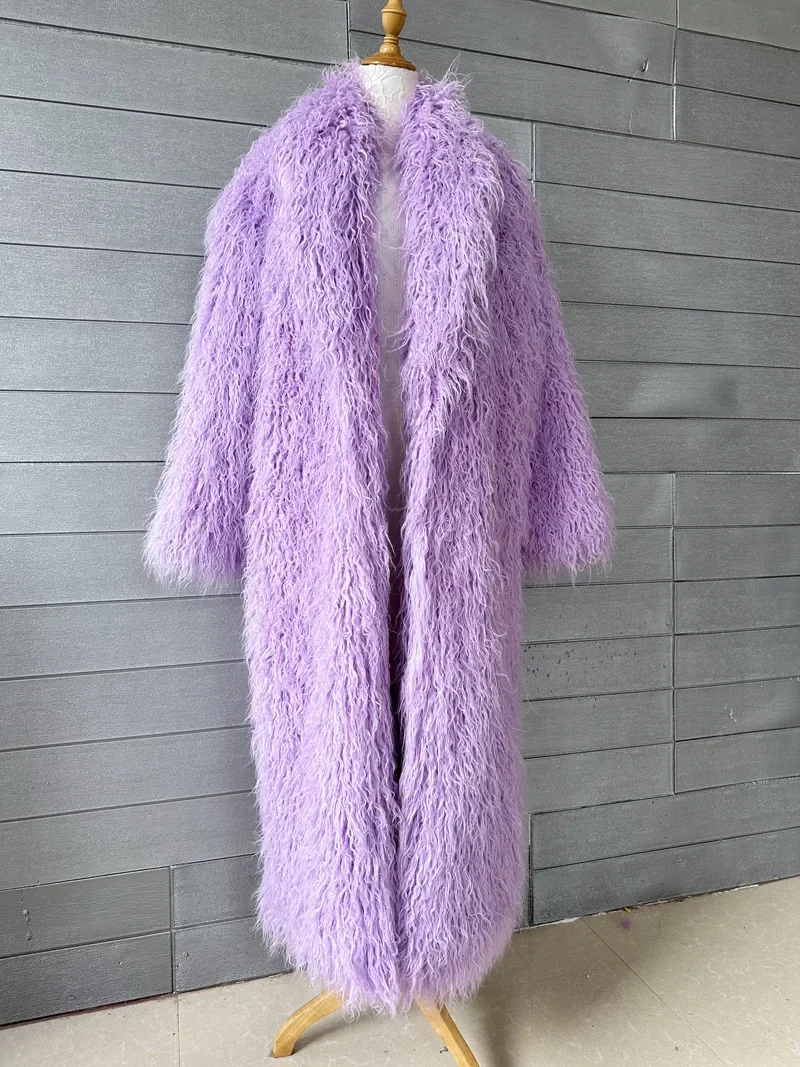 Faux Fur Jacket Women Long Coat Thick Fluffy Winter Warm Shaggy Overcoat Open Stitch Outerwear Turn Down Collar High Street