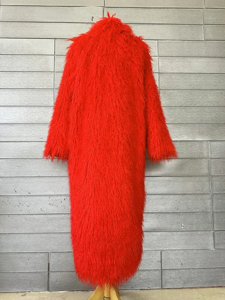 Faux Fur Jacket Women Long Coat Thick Fluffy Winter Warm Shaggy Overcoat Open Stitch Outerwear Turn Down Collar High Street