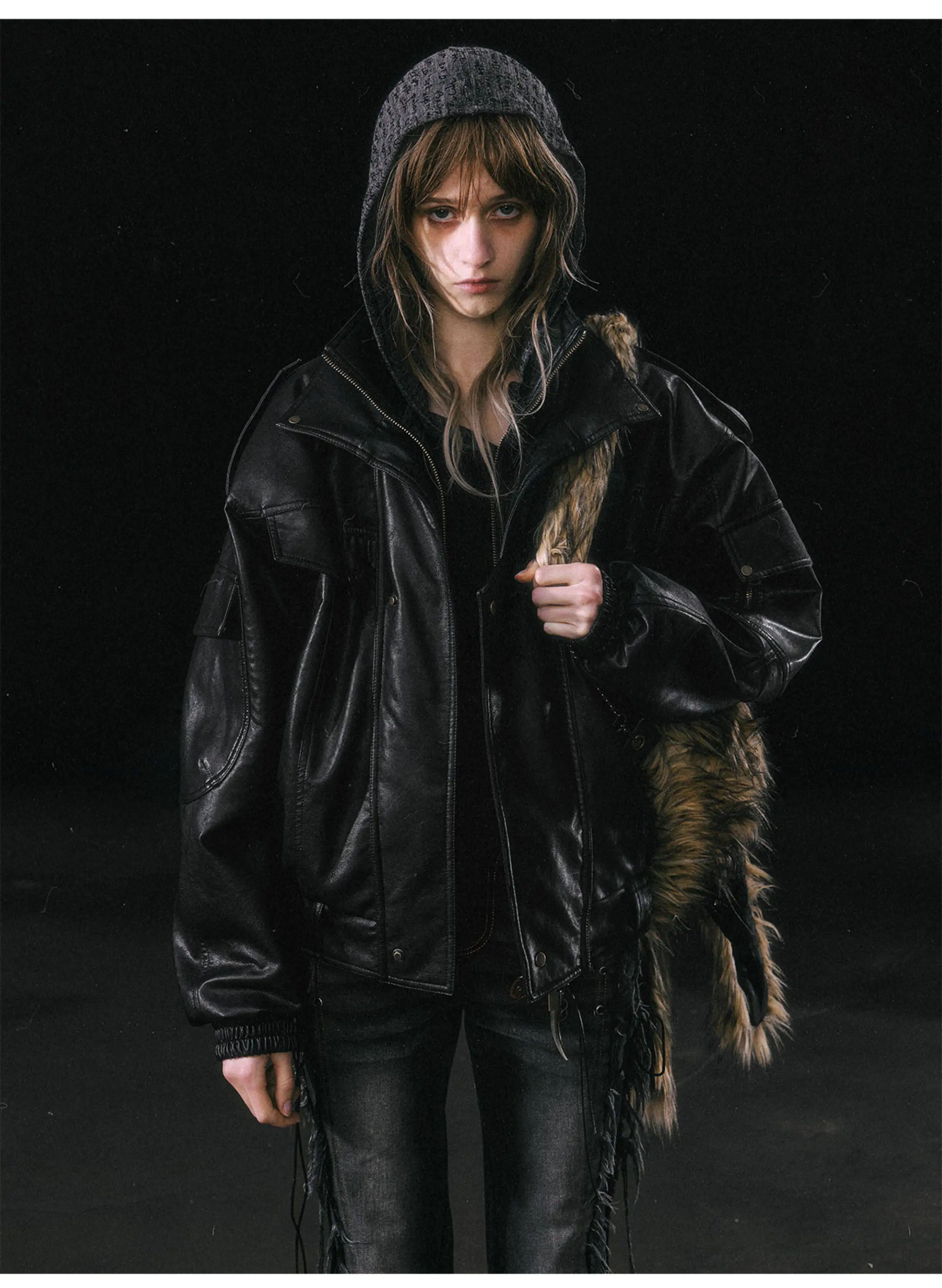 Nerazzurri Autumn Winter Loose Casual Quilted Warm Pu Leather Jacket Women with Detachable Faux Fur Collar Luxury Unisex Clothes