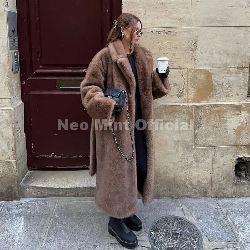 Neo Mint Luxury Long Belted Faux Mink Fur Coat Women 2025 Winter Thick Warm Overcoat Chic Street Fashion Fake Fur Coat Outerwear