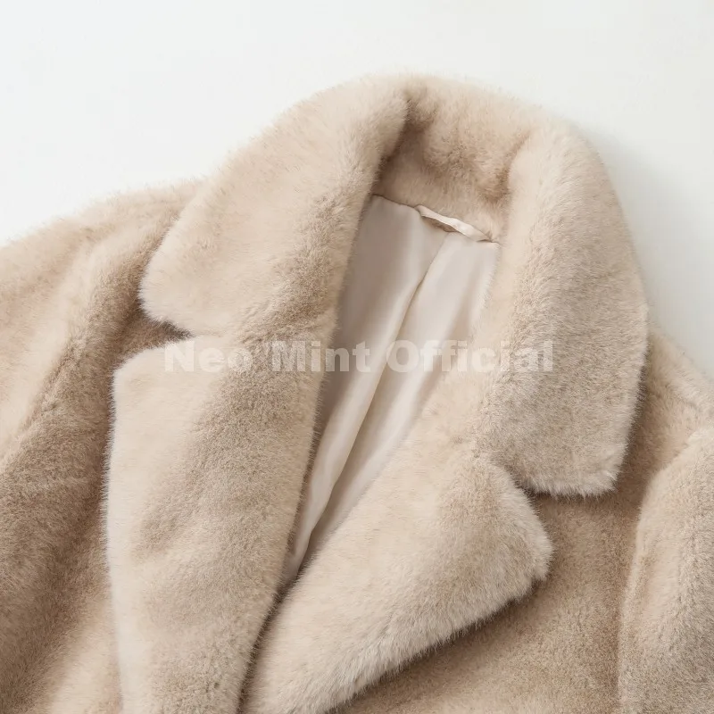 Neo Mint Luxury Long Belted Faux Mink Fur Coat Women 2025 Winter Thick Warm Overcoat Chic Street Fashion Fake Fur Coat Outerwear