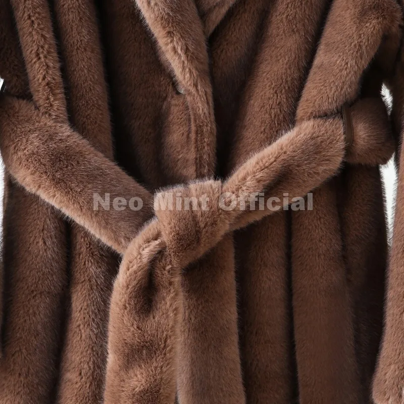 Neo Mint Luxury Long Belted Faux Mink Fur Coat Women 2025 Winter Thick Warm Overcoat Chic Street Fashion Fake Fur Coat Outerwear