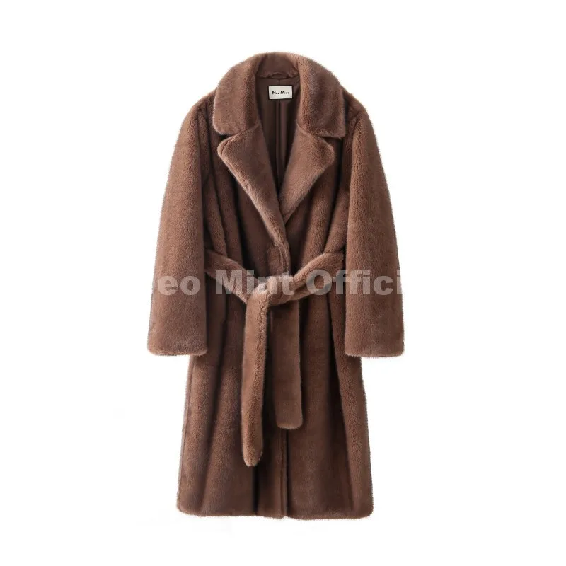Neo Mint Luxury Long Belted Faux Mink Fur Coat Women 2025 Winter Thick Warm Overcoat Chic Street Fashion Fake Fur Coat Outerwear