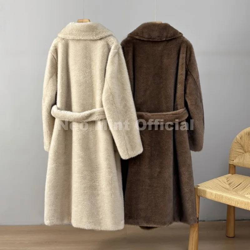 Neo Mint Luxury Long Belted Faux Mink Fur Coat Women 2025 Winter Thick Warm Overcoat Chic Street Fashion Fake Fur Coat Outerwear