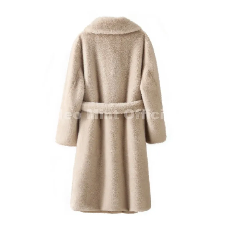 Neo Mint Luxury Long Belted Faux Mink Fur Coat Women 2025 Winter Thick Warm Overcoat Chic Street Fashion Fake Fur Coat Outerwear