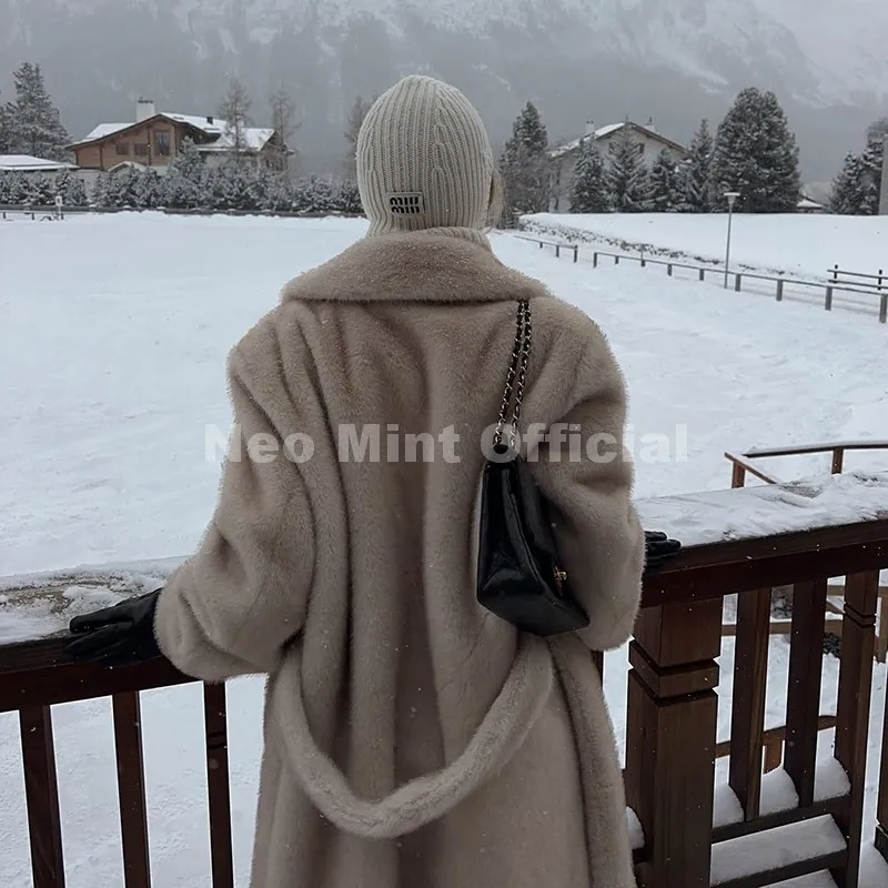 Neo Mint Luxury Long Belted Faux Mink Fur Coat Women 2025 Winter Thick Warm Overcoat Chic Street Fashion Fake Fur Coat Outerwear