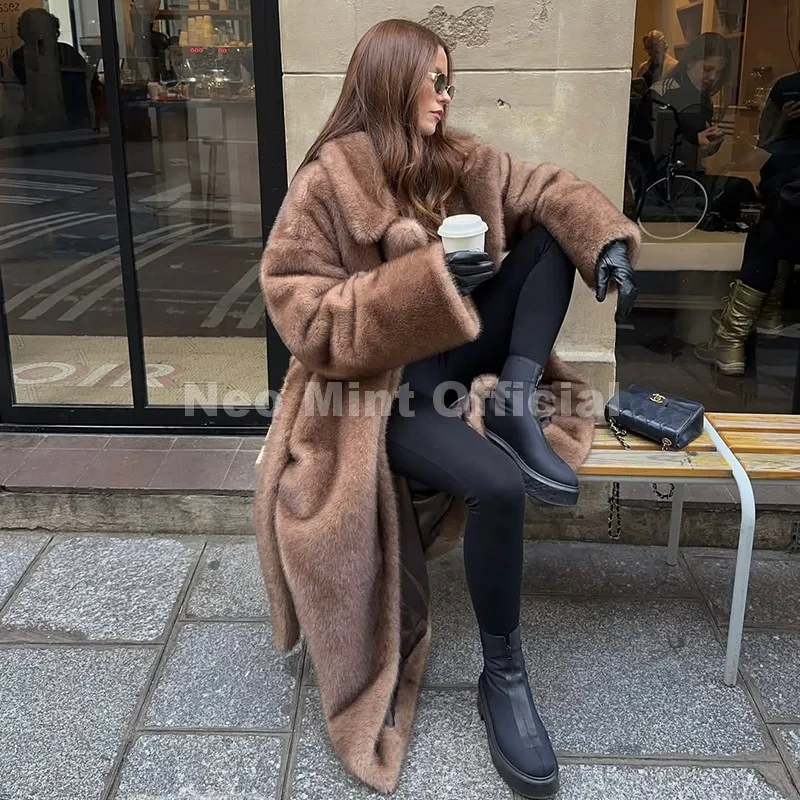 Neo Mint Luxury Long Belted Faux Mink Fur Coat Women 2025 Winter Thick Warm Overcoat Chic Street Fashion Fake Fur Coat Outerwear