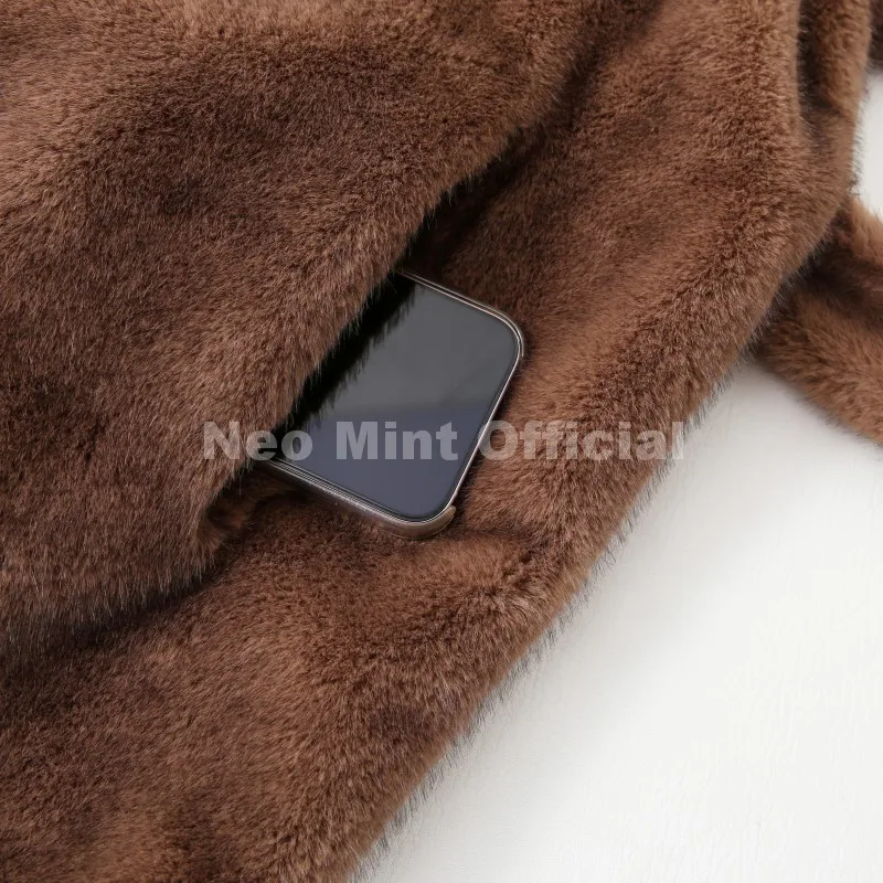Neo Mint Luxury Long Belted Faux Mink Fur Coat Women 2025 Winter Thick Warm Overcoat Chic Street Fashion Fake Fur Coat Outerwear