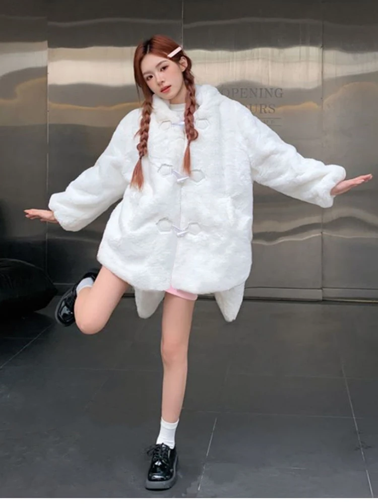 Lautaro Winter Oversized Warm White Faux Fur Coat Women With Bunny Ears Kawaii Sweet Cute Japanese Style Fluffy Jacket Hoodie
